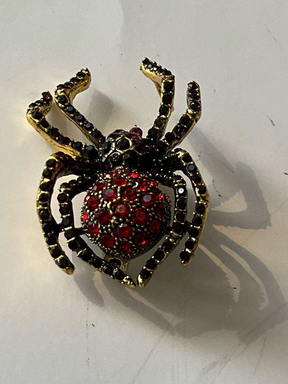 Spider Brooch Pin Black Gold Red Round Glass Pavé Setting 2.5 in